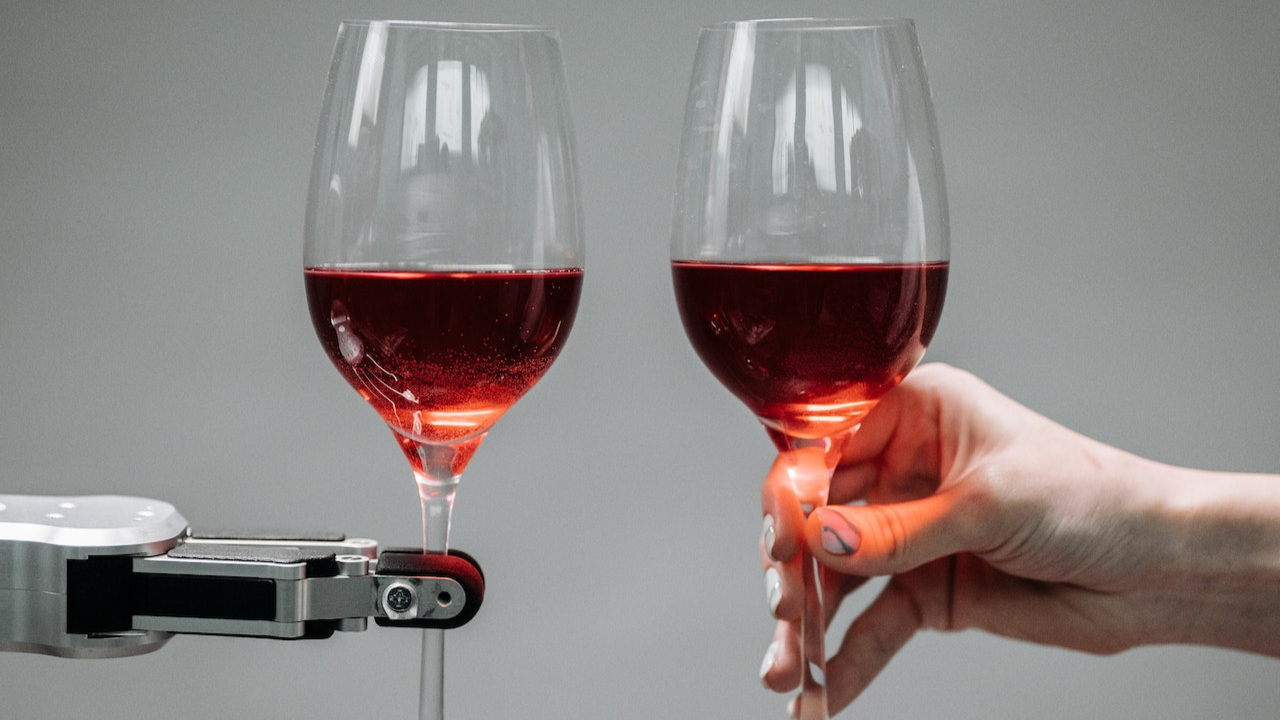 robot y humano brindando una copa de vino